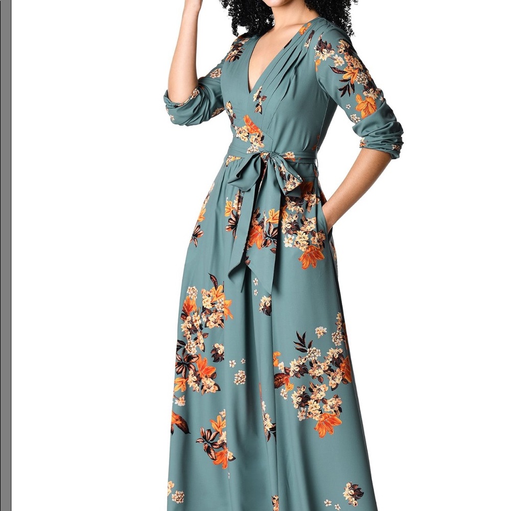 EShakti Pleated Floral Print Crepe Maxi Dress NWOT
